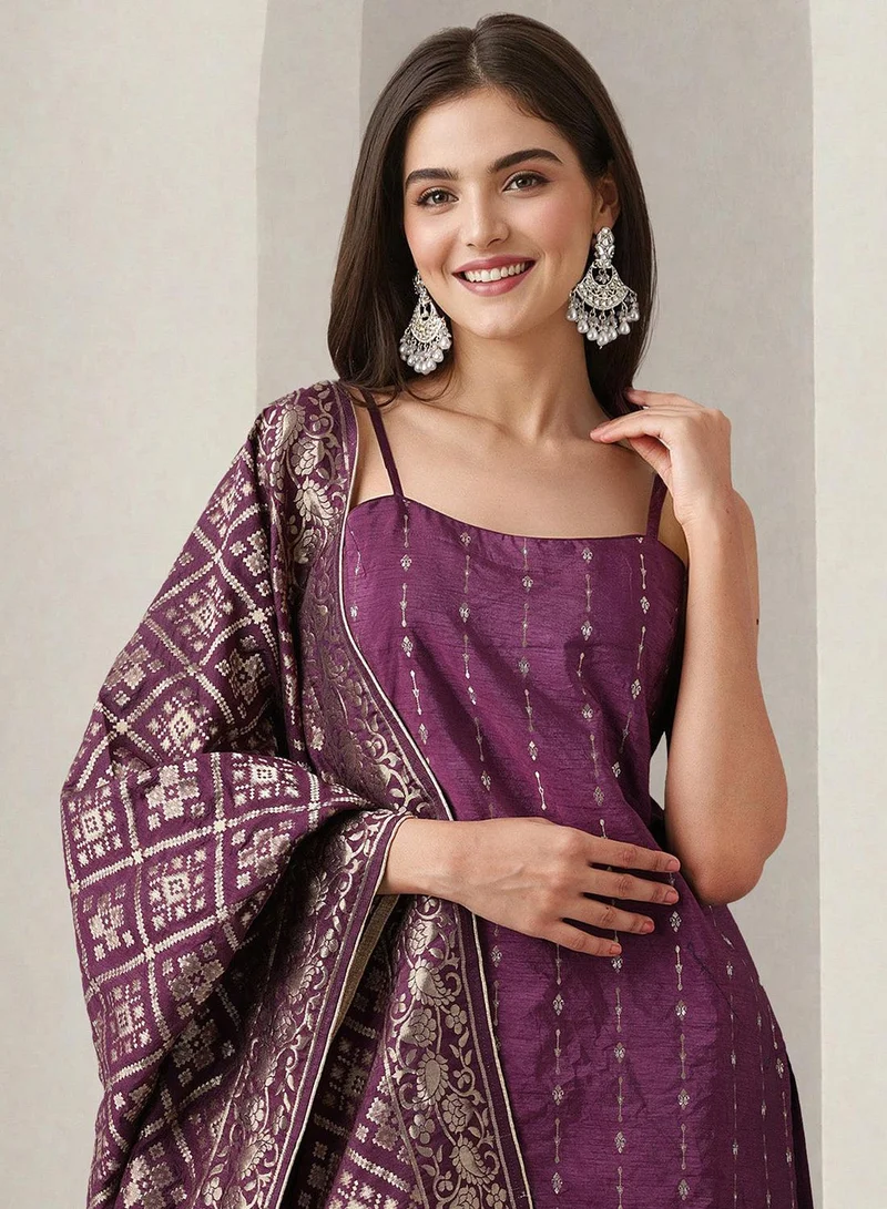 آي شين Women'S Purple 100% Cotton Printed Straight Fit Kurta Set
